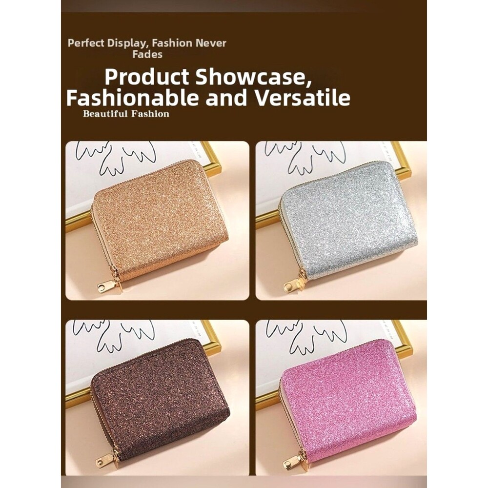 Silver Gold Glitter Wallet Double Zipper Accordion Card Holder Coin Purse NEW - Picture 9 of 13